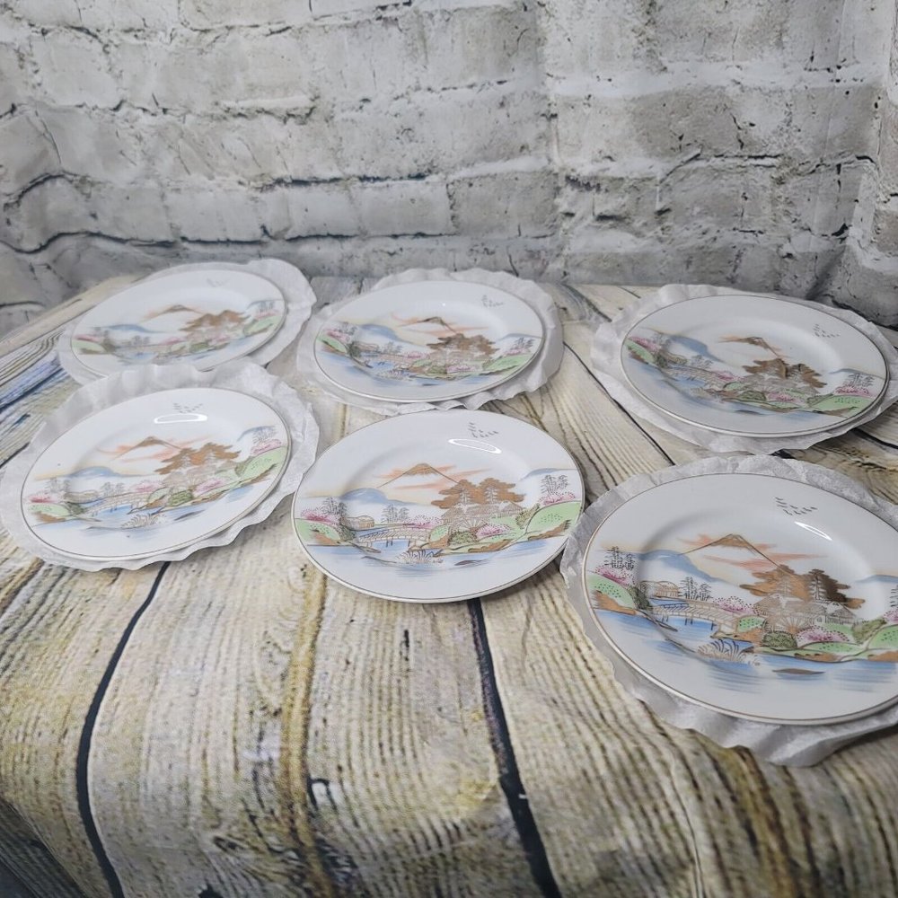 6 Kutani China Hand Painted Made In Japan Waterwheel Gold Plates Mt Fuji 6.25"